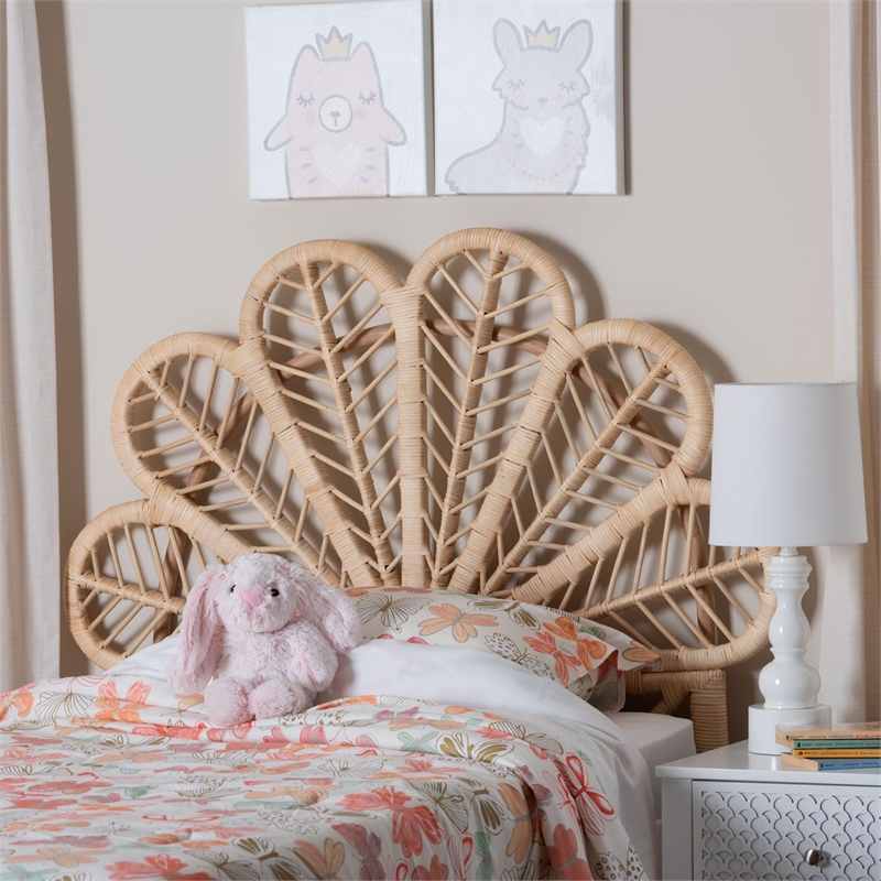 bali & pari Lolita Natural Rattan Freestanding Headboard with Leaf Motif Twin
