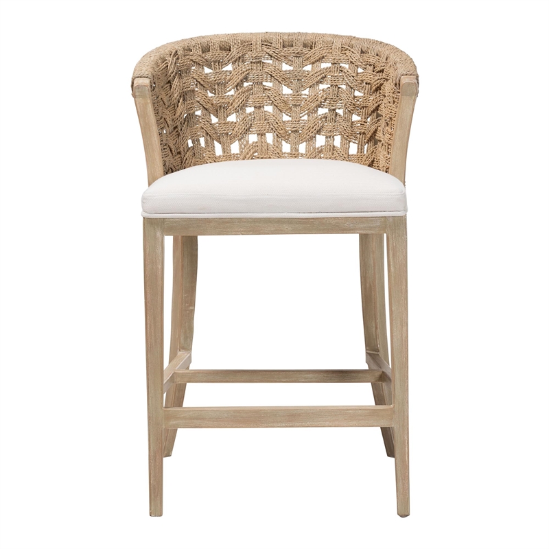 bali & pari Vellon Woven Seagrass and White Wash Mahogany Wood Counter Stool