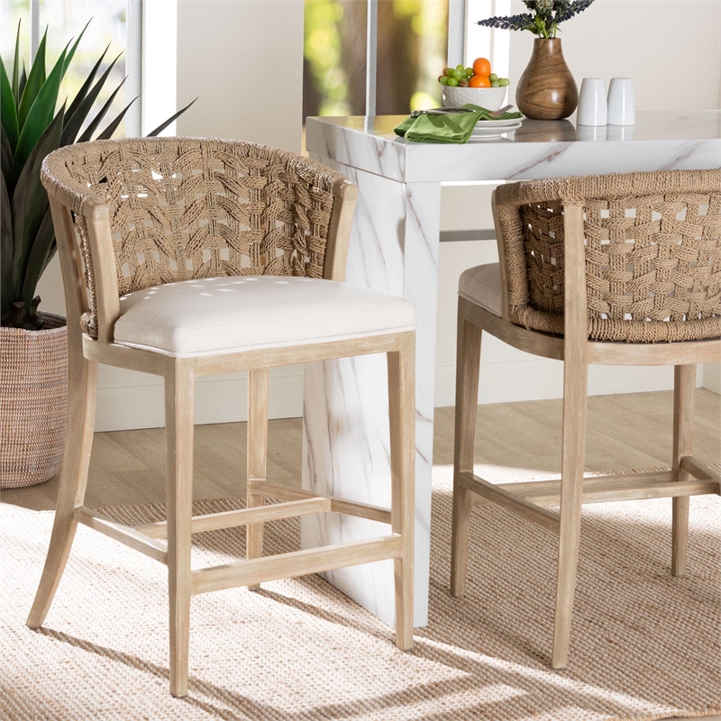 bali & pari Vellon Woven Seagrass and White Wash Mahogany Wood Counter Stool