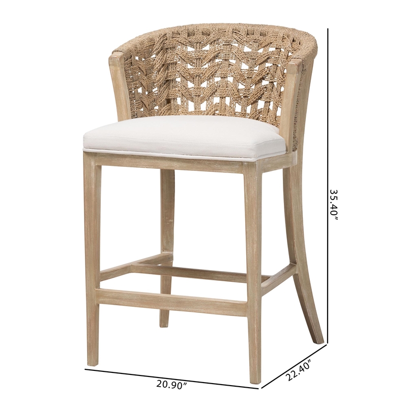 bali & pari Vellon Woven Seagrass and White Wash Mahogany Wood Counter Stool