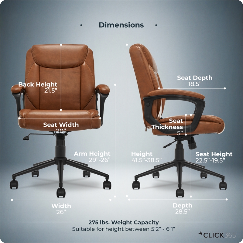 Click365 Transform 1.0 Ergonomic Mid Back Desk Chair Bonded Leather Cognac