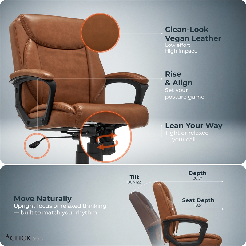 Click365 Transform 1.0 Ergonomic Mid Back Desk Chair Bonded Leather Cognac