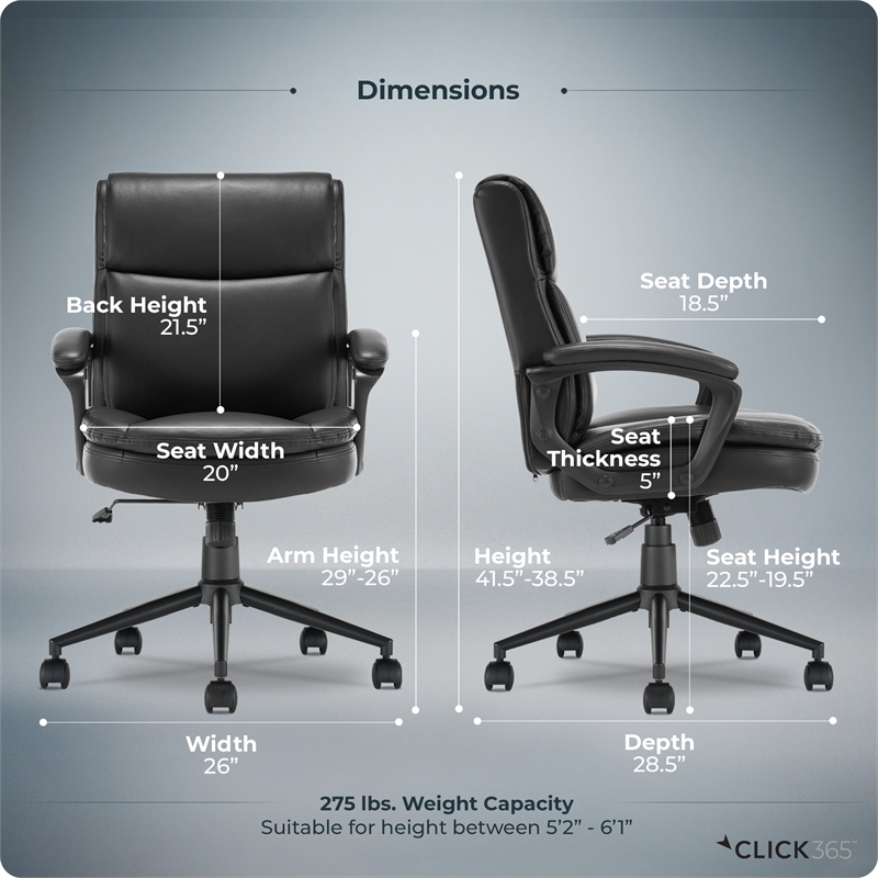 Click365 Transform 2.0 Ergonomic Mid Back Desk Chair Bonded Leather Black