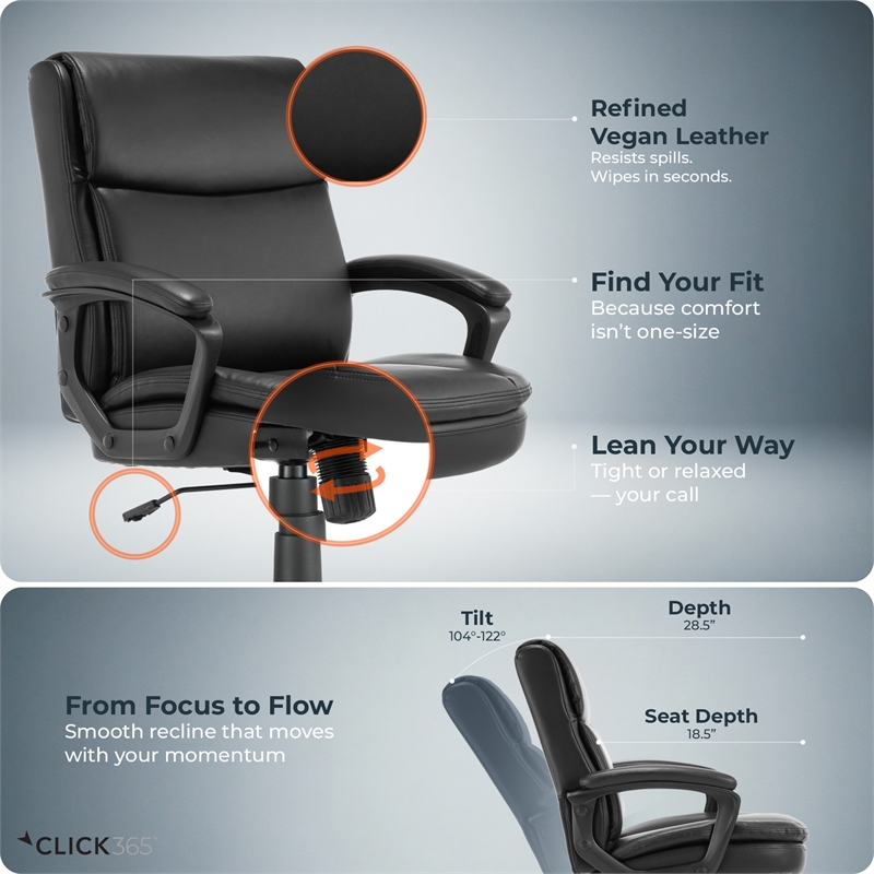 Click365 Transform 2.0 Ergonomic Mid Back Desk Chair Bonded Leather Black