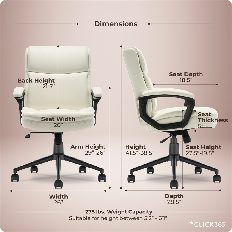 Click365 Transform 2.0 Ergonomic Mid Back Desk Chair Bonded Leather White