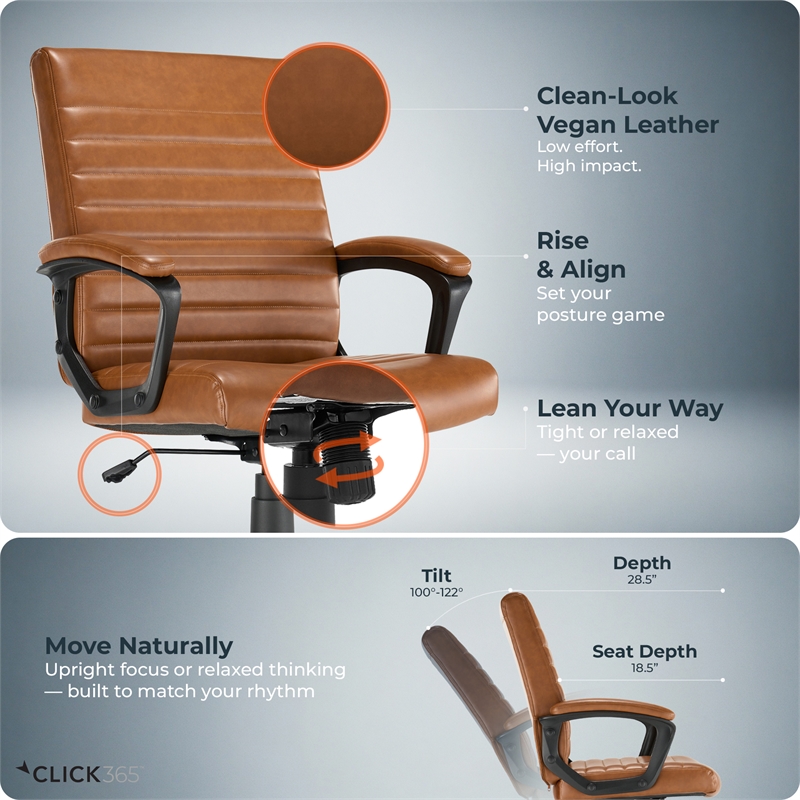 Click365 Transform 3.0 Ergonomic Mid Back Desk Chair Bonded Leather Cognac