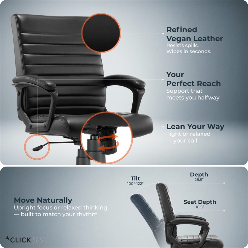 Click365 Transform 3.0 Ergonomic Mid Back Desk Chair Bonded Leather Black