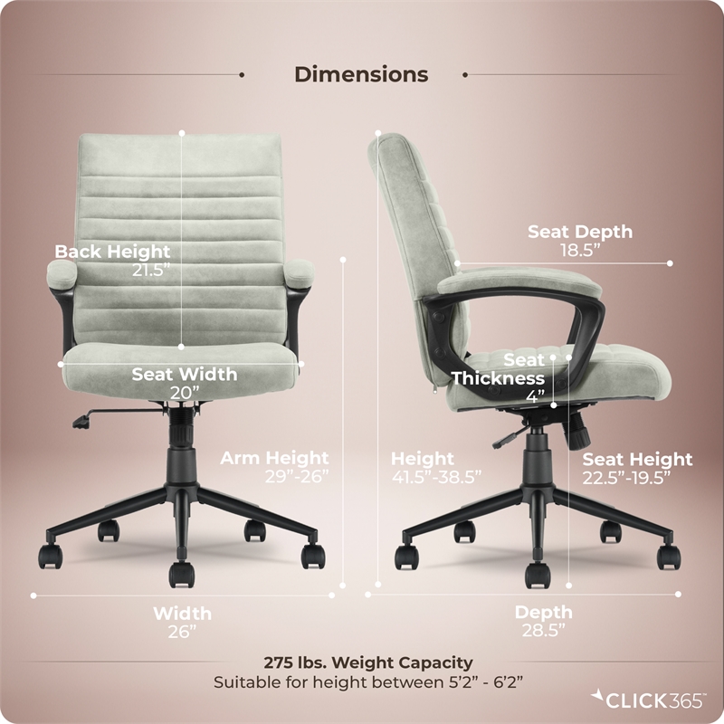 Click365 Transform 3.0 Ergonomic Mid Back Desk Chair Vegan Leather Grey