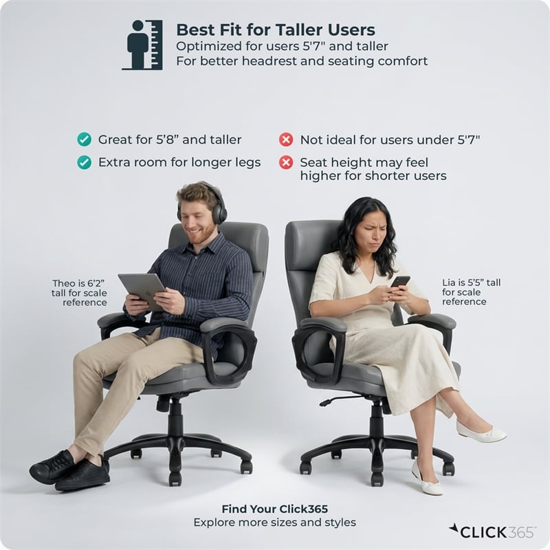 Click365 Classic Big & Tall Executive Office Chair Bonded Leather Gray