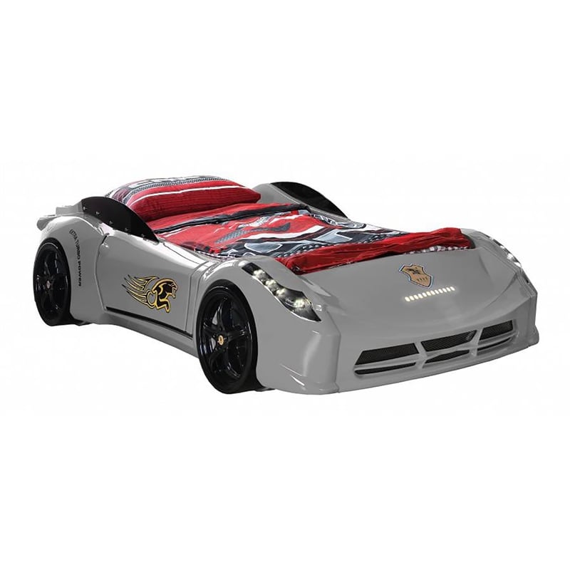 Titi Racer Modern Wood TT Twin Race Car Bed with Remote Control in Gray