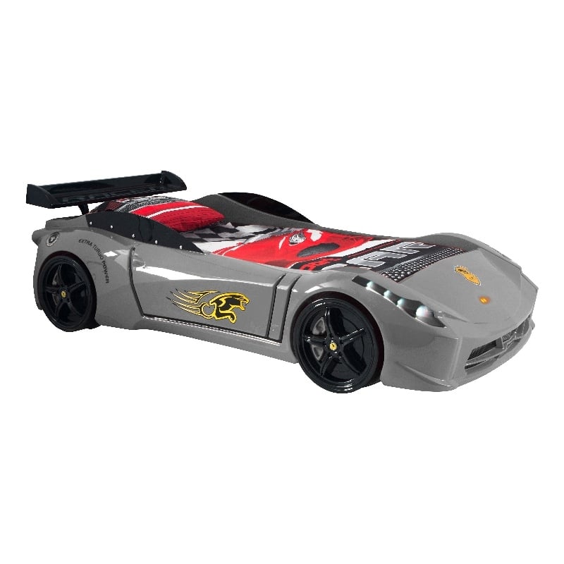 Titi Racer Modern Wood TT Twin Race Car Bed with Remote Control in Gray