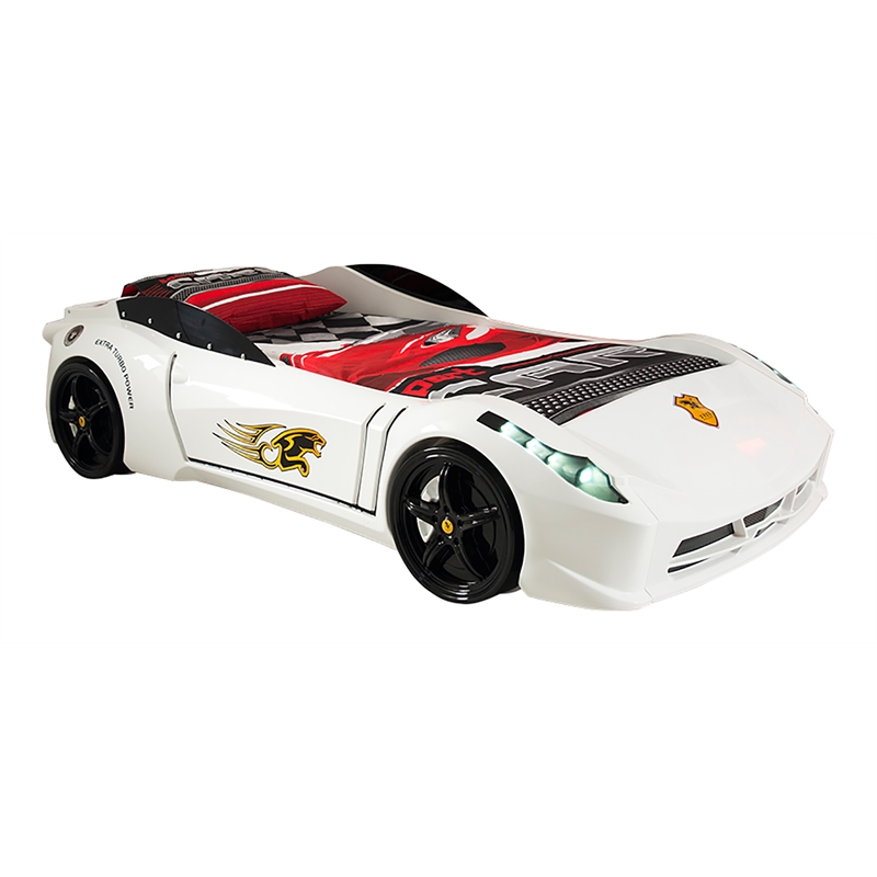 Titi Racer Modern Wood TT Twin Race Car Bed with Remote Control in White