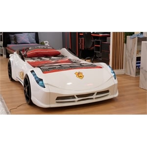 Titi Racer Modern Wood TT Twin Race Car Bed with Remote Control in White