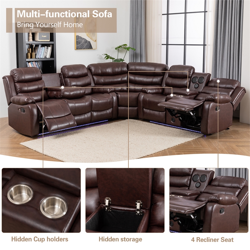 Hybition Faux Leather Living Room Set Modern Reclining Sectional Sofa Set- Brown