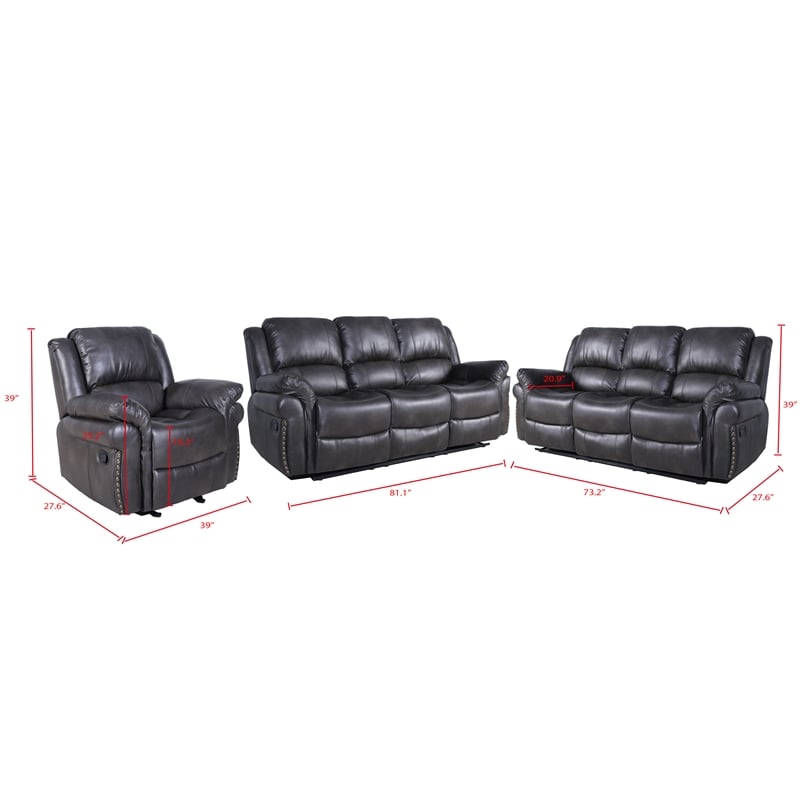 Hybition 3 - Piece Living Room Set Faux Leather Sofa Set-Gray