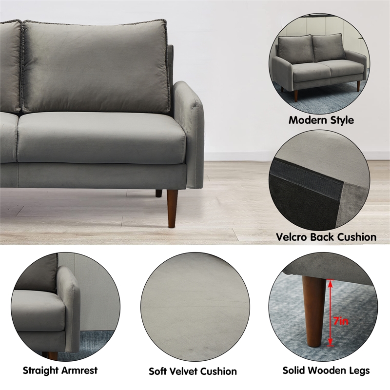 Hybition Velvet Sofa Modern Couch with Wooden Legs for Living Room - Gray