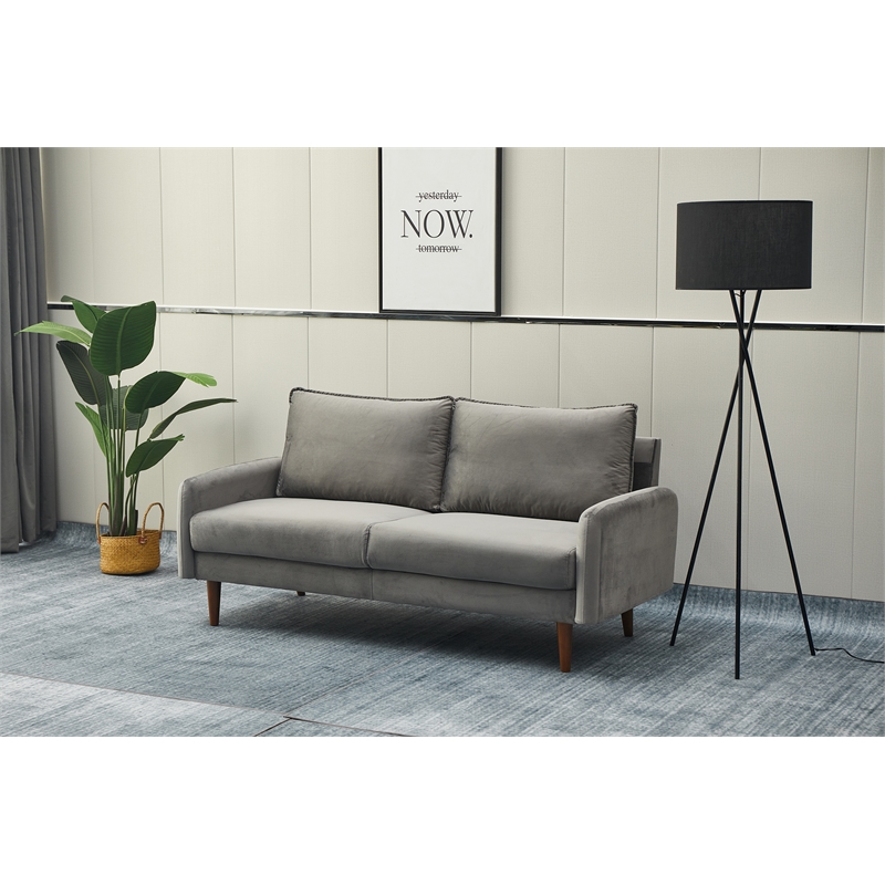 Hybition Velvet Sofa Modern Couch with Wooden Legs for Living Room - Gray