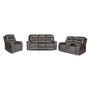Hybition PU Leather Manual Recliner Sofa Set 3 Pieces Living Room Set  Gray