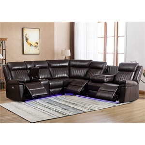 Power Reclining PU Leather Sectional Sofa w/ Speaker & Wireless Charging & Outlet & LED Strip Brown