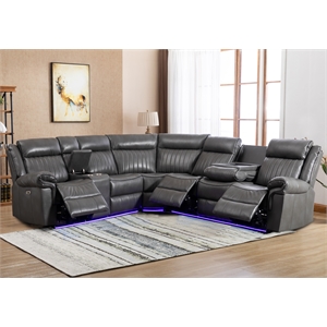 Power Reclining PU Leather Sectional Sofa w/ Speaker & Wireless Charging & Outlet & LED Strip Gray