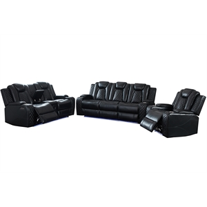 3 Pieces PU Leather Power Reclining Sofa Set Black