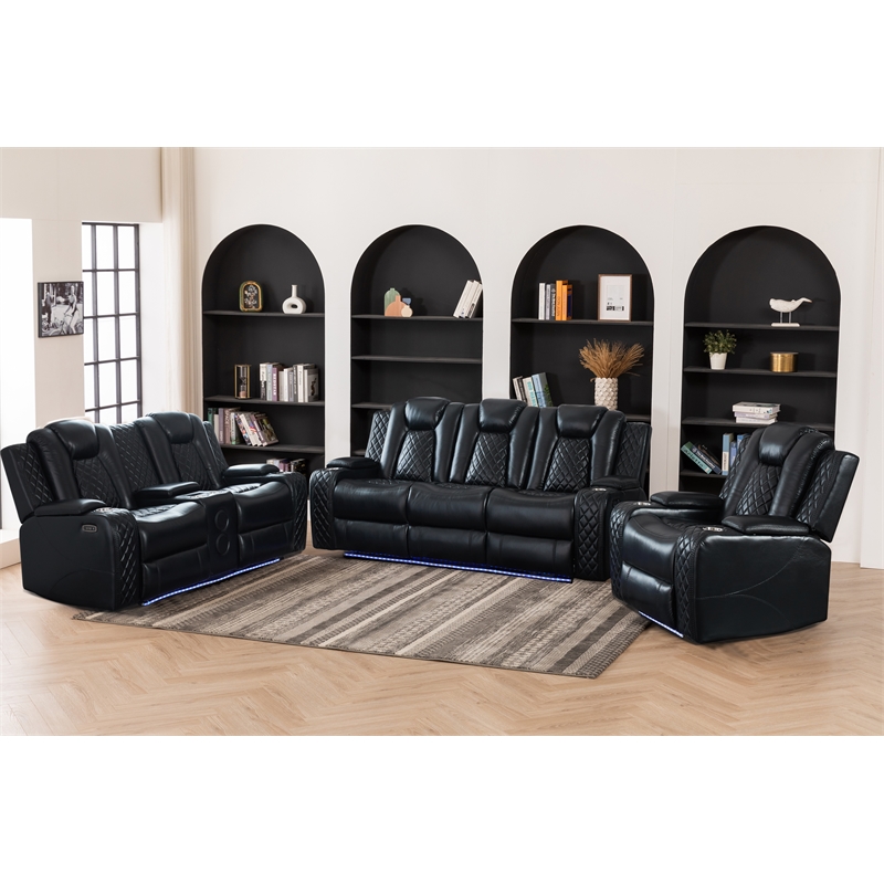 3 Pieces PU Leather Power Reclining Sofa Set Black