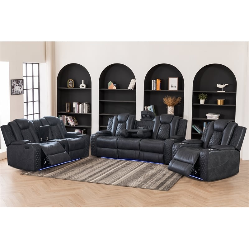 3 Pieces PU Leather Power Reclining Sofa Set Gray