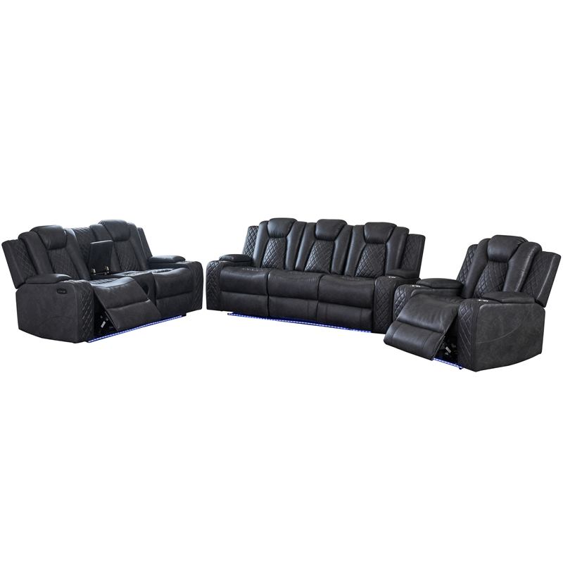 3 Pieces PU Leather Power Reclining Sofa Set Gray