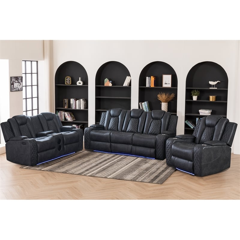 3 Pieces PU Leather Power Reclining Sofa Set Gray