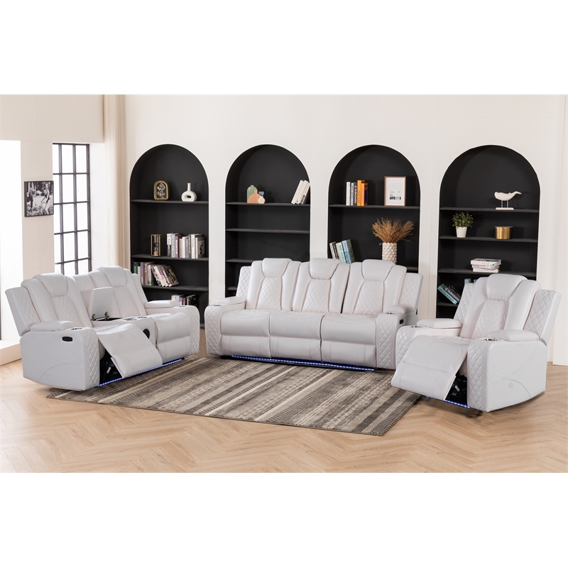 3 Pieces PU Leather Power Reclining Sofa Set White