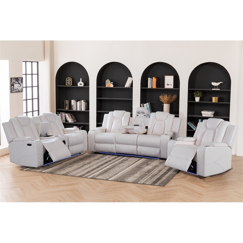 3 Pieces PU Leather Power Reclining Sofa Set White