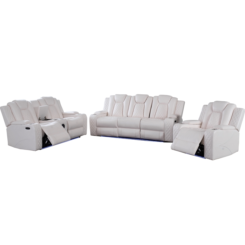 3 Pieces PU Leather Power Reclining Sofa Set White