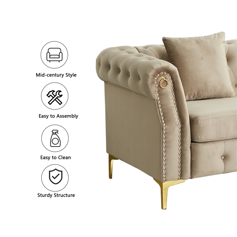 Hybition 3-Pieces Living Room Set Modern Velvet Sofa Set & Golden rivets-Beige
