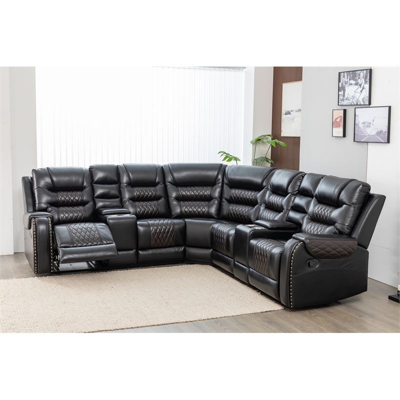 Hybition Manual Recliner Sectional Sofa Set PU Leather L-Shaped Couch Black