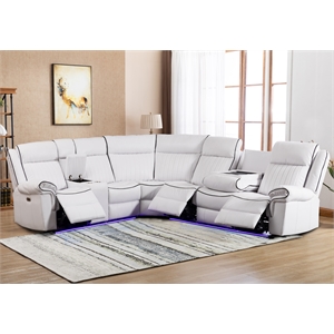 Power Reclining PU Leather Sectional Sofa w/ Speaker & Wireless Charging & Outlet & LED Strip White