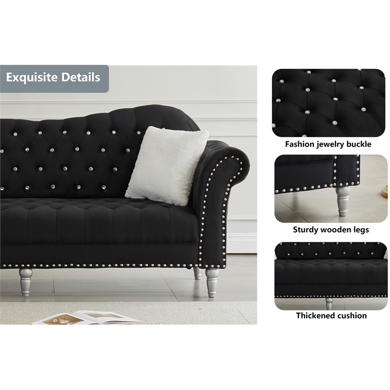 Modern Velvet Sofa Set Button Tufted Sofa and Loveseat-Black