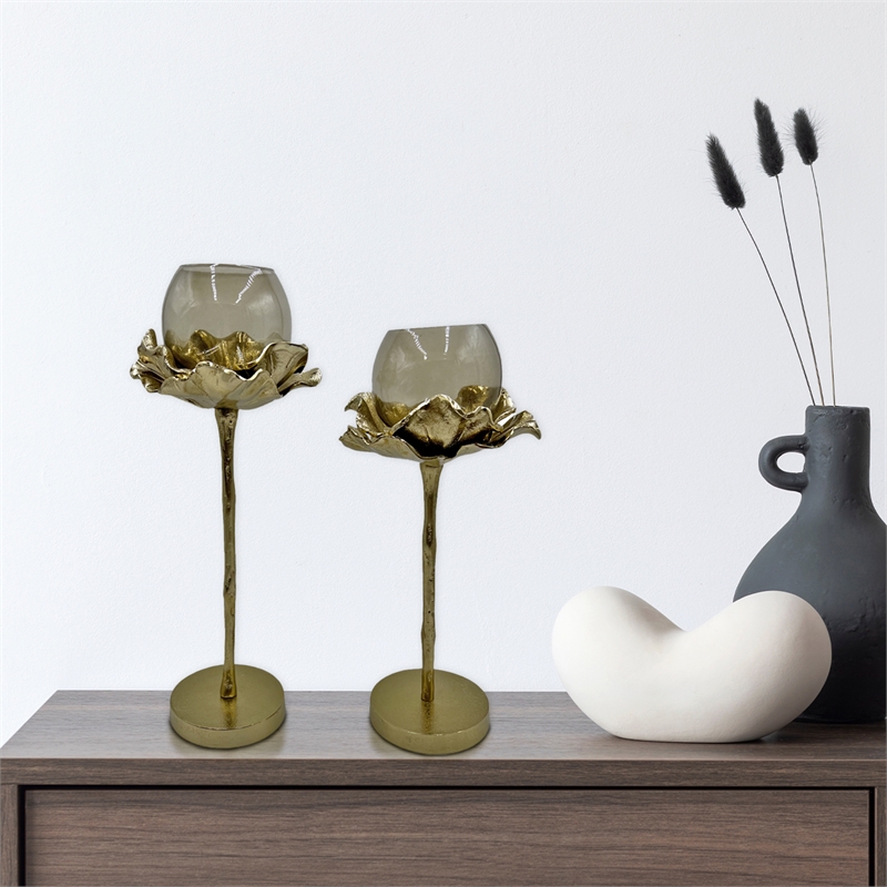 Bergamo Art Set of 2 Decorative Handmade Aluminum and Glass Candle Holder Gold