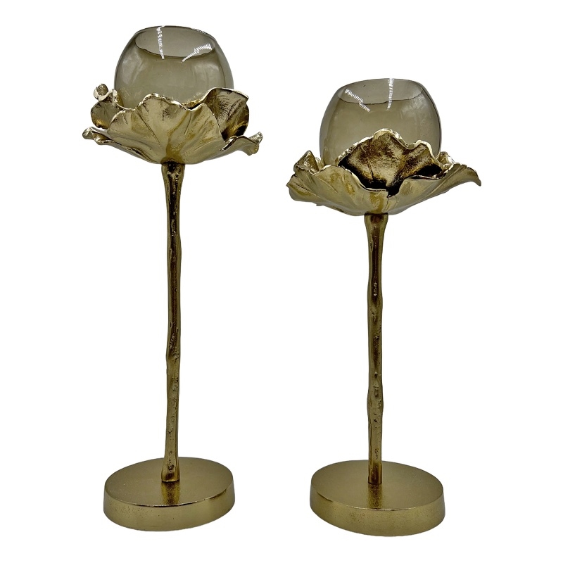 Bergamo Art Set of 2 Decorative Handmade Aluminum and Glass Candle Holder Gold