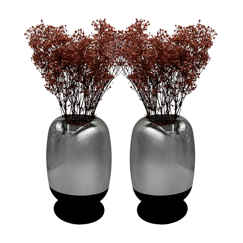 Bergamo Art Set of 2 Decorative Handmade Glass Flower Vases in Black and Silver