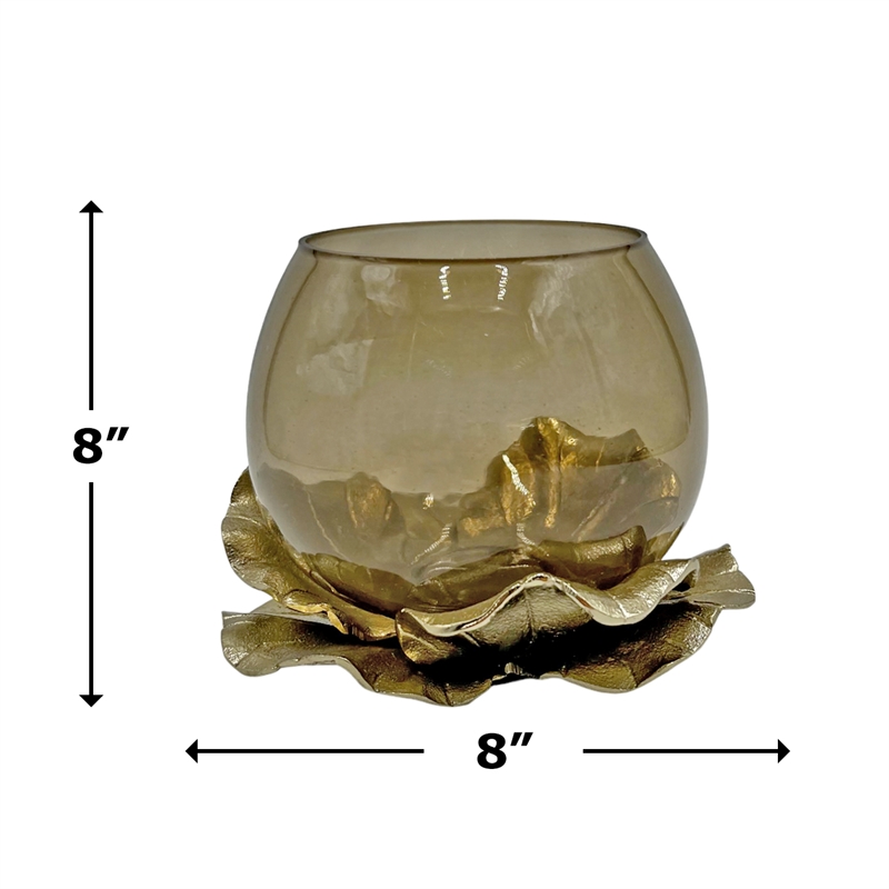 Bergamo Art 8Inch Wide Decorative Handmade Aluminum and Glass Round Bowl in Gold