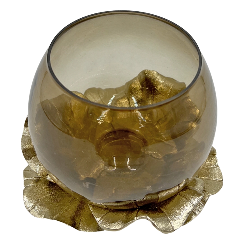 Bergamo Art 8Inch Wide Decorative Handmade Aluminum and Glass Round Bowl in Gold