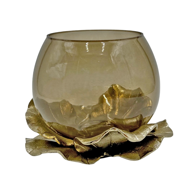 Bergamo Art 8Inch Wide Decorative Handmade Aluminum and Glass Round Bowl in Gold