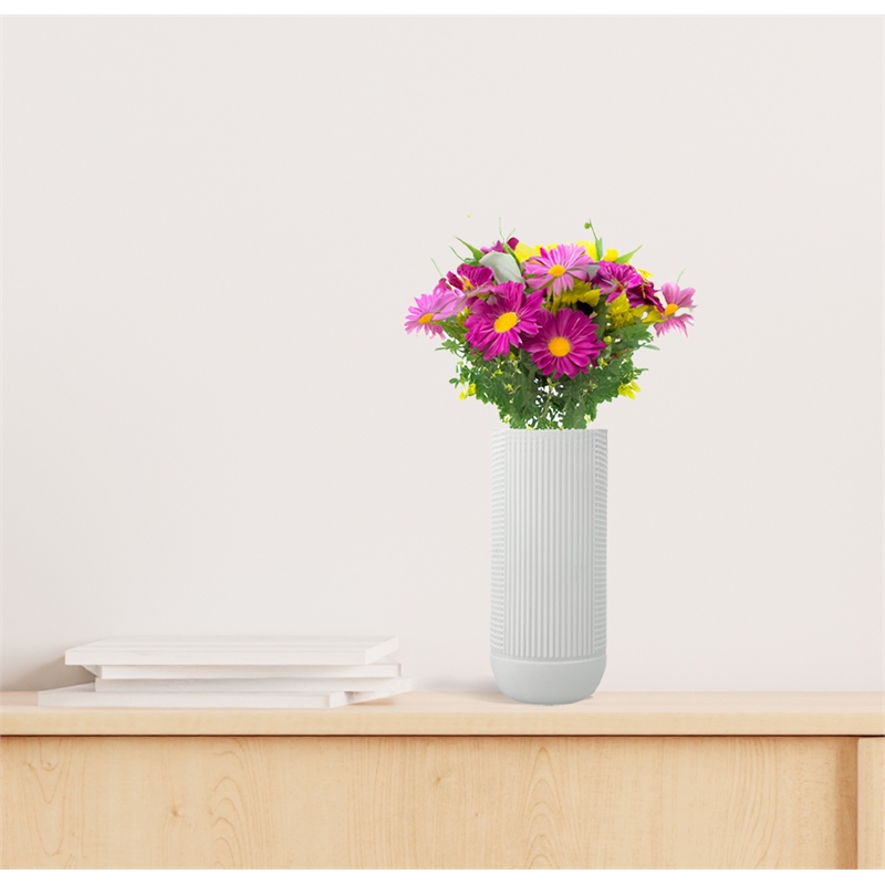 Bergamo Art 13 Inch Tall Decorative Handmade Glass Cylinder Flower Vase in White