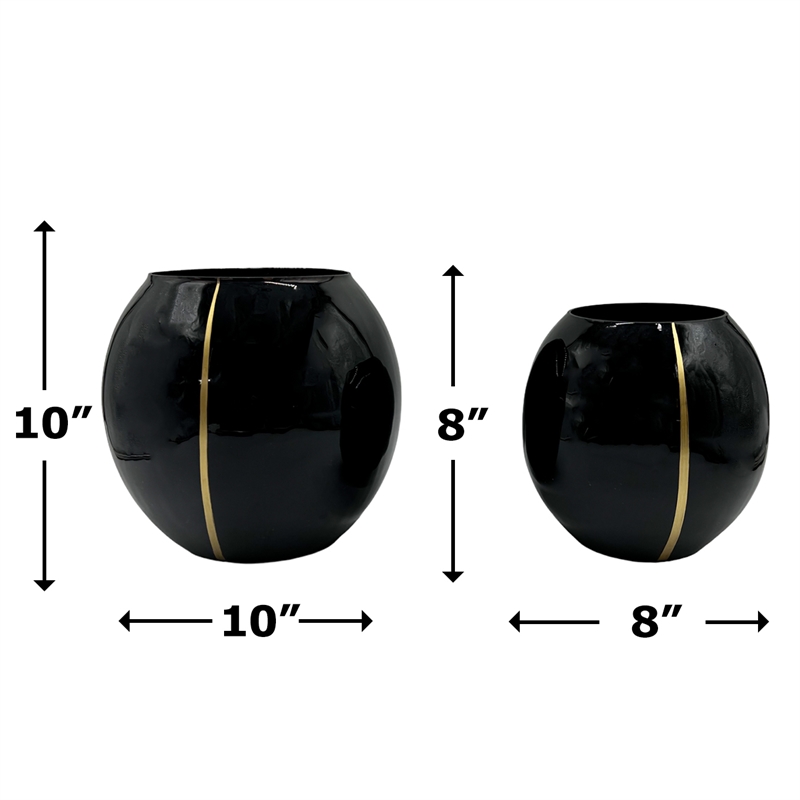 Bergamo Art Set of 2 Decorative Handmade Glass Round Flower Vase in Black
