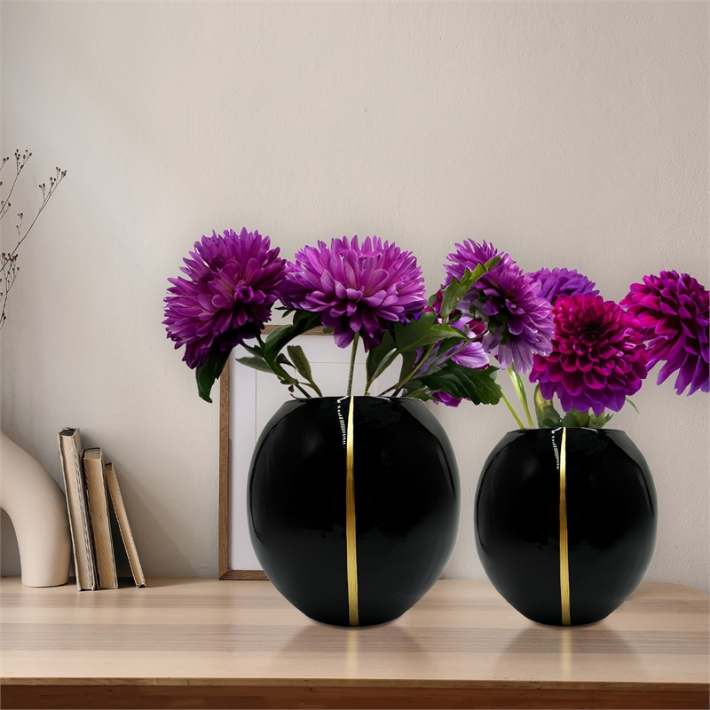 Bergamo Art Set of 2 Decorative Handmade Glass Round Flower Vase in Black
