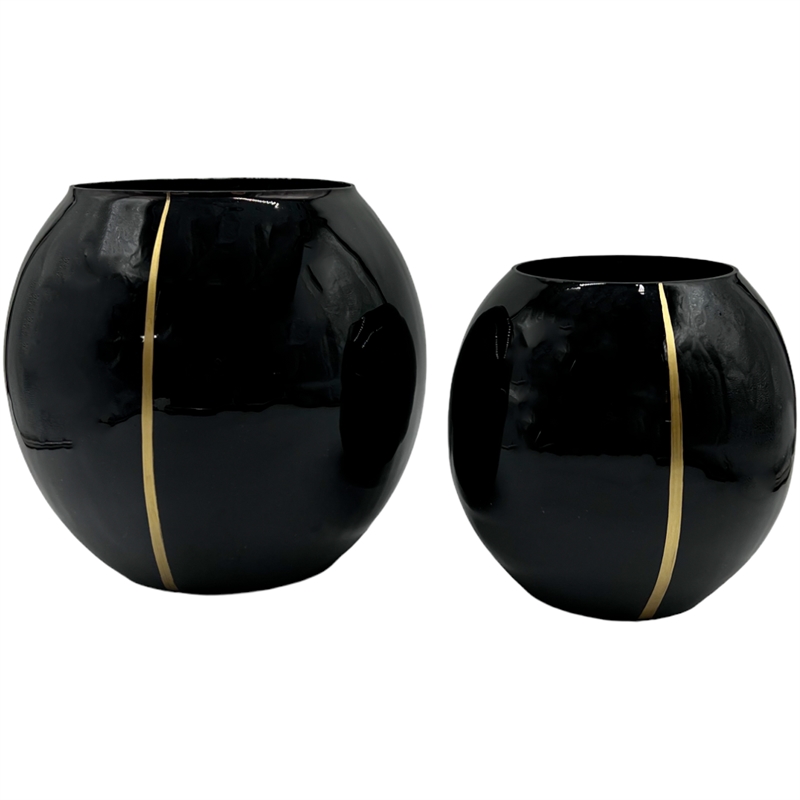 Bergamo Art Set of 2 Decorative Handmade Glass Round Flower Vase in Black