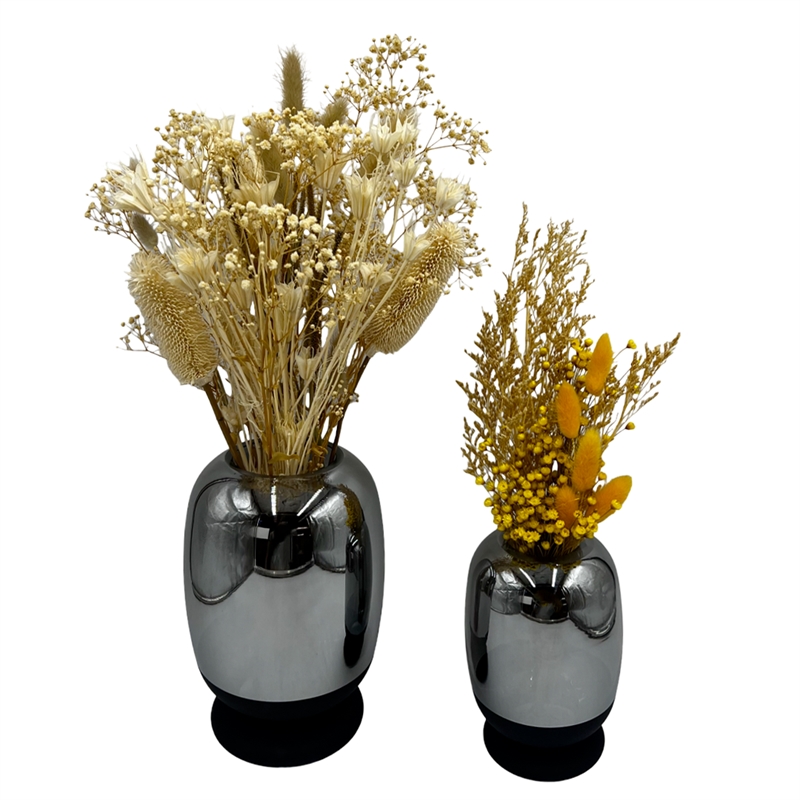 Bergamo Art Set of 2 Decorative Handmade Glass Flower Vases in Black and Silver