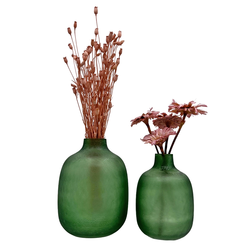 Bergamo Art Set of 2 Decorative Handmade Glass  Bottle Flower Vases in Green