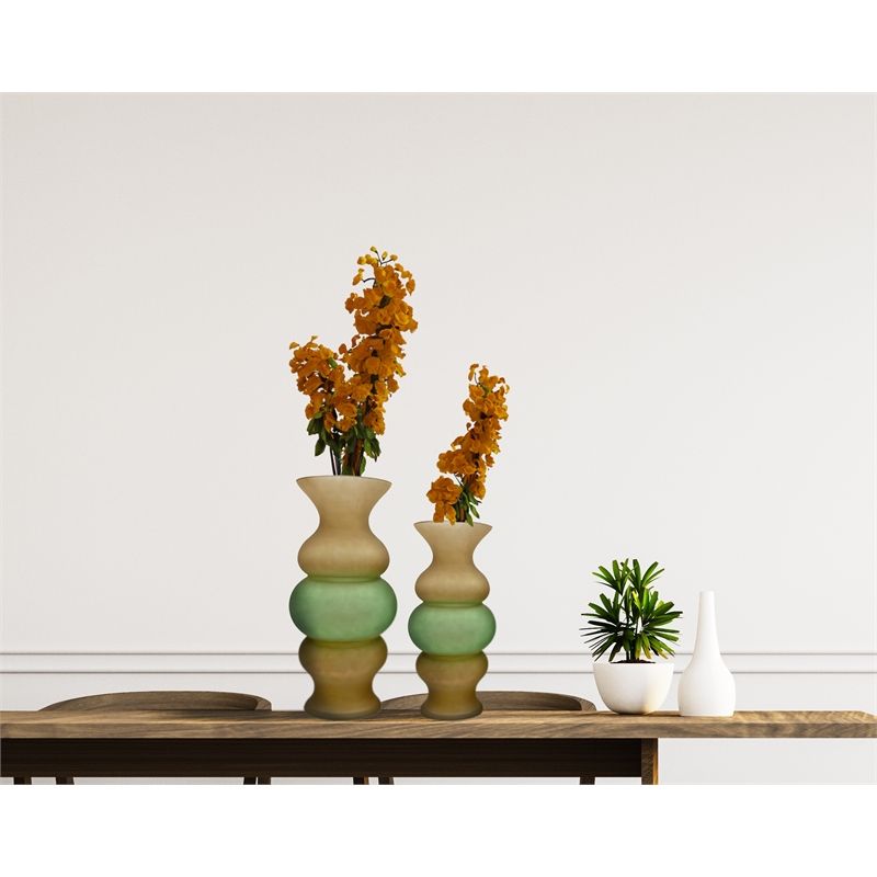 Bergamo Art Set of 2 Handmade Glass Bubble Flower Vases in Green and Brown