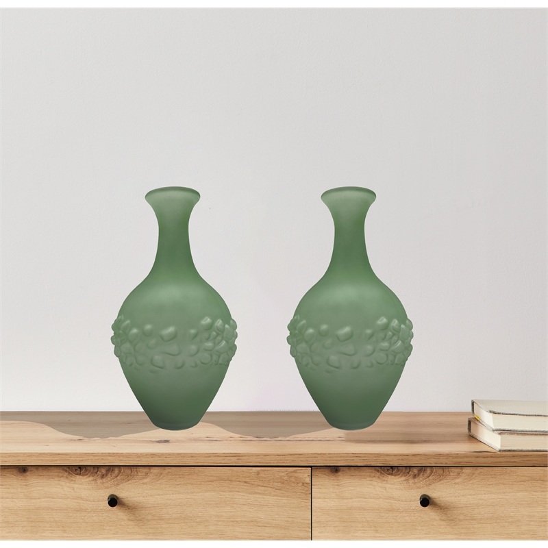 Bergamo Art Set of 2 Decorative Handmade Glass Trumpet Vase for Flowers in Green